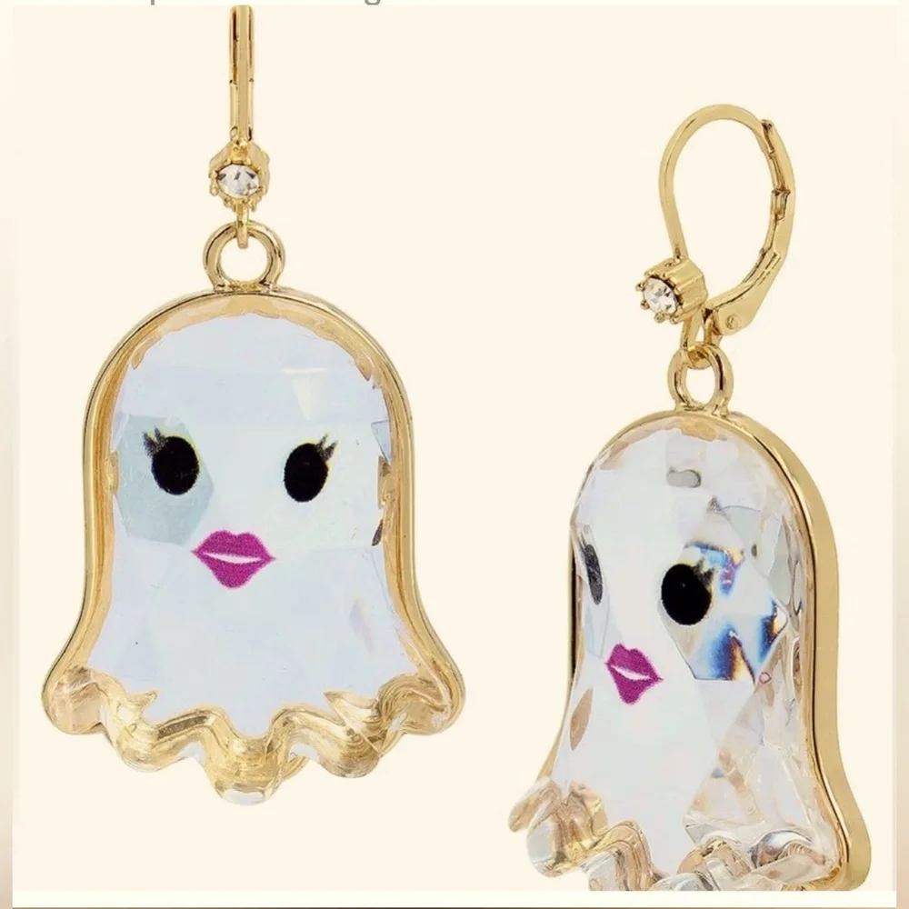 Betsy Johnson  NWT Cute Halloween White Faceted Girl Ghost Earrings (J116) - Picture 2 of 8